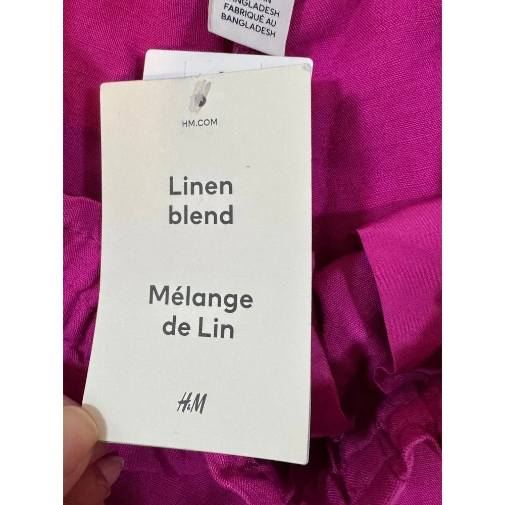 H&M Linen Blend Wide Leg Pants Magenta Pink Elastic Waist Womens XS New